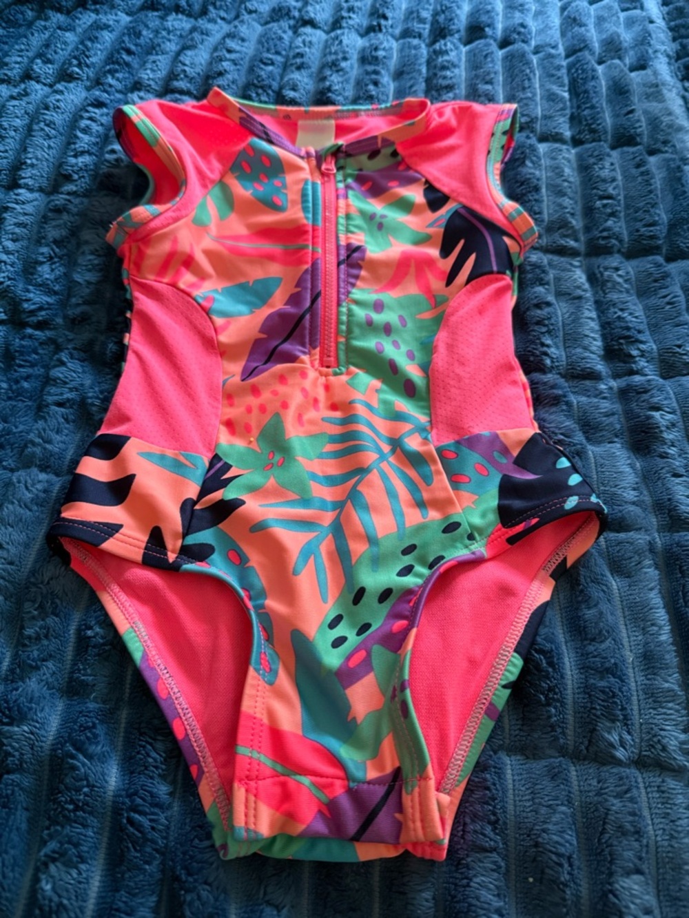 Tropical Print Girls One-Piece Half zip Swimsuit - Bright Coral & Teal